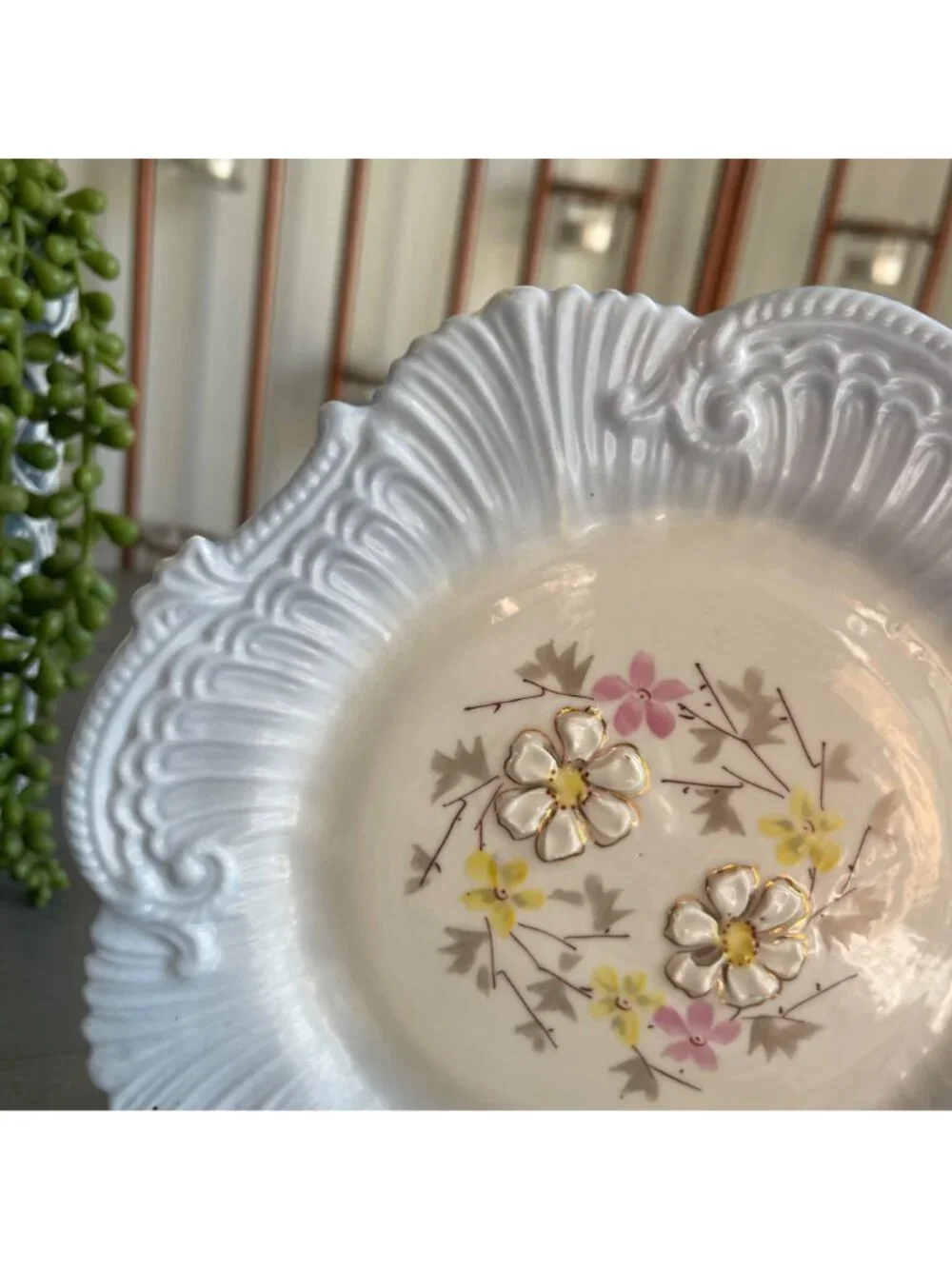 Vintage Decorative Porcelain Plate Blue Floral Center Scalloped Molded Edges